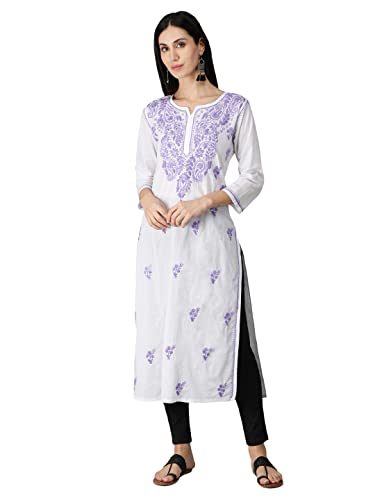 Image of Seva Chikan Hand Embroidered Lucknowi Chikankari Regular Straight Cotton Kurta Kurti for Women SCL4243