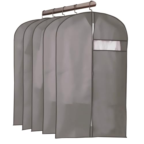 5 Pack Garmet Bags, Garment Bag with Zipper and Transparent Window, for Hanging Clothes, Non-Woven Fabric, Dustproof, Waterproof(Gray,60x105cm/24x41in)