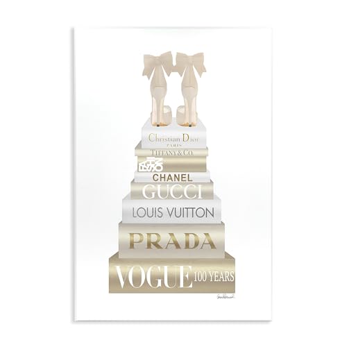 Image of Cream Bow Heels Glam Bookstack, 13 x 19 Inch Mounted Print on Wall Plaque | Stupell Industries . By Amanda Greenwood . Ready to hang . Chic giftable accent . Made in USA