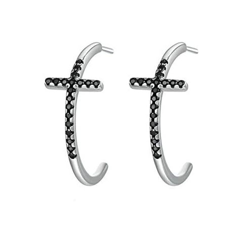 Joielavie 925 Sterling Silver Earrings for Women Girls with Black Cubic Zirconia Cross Half Circle Jewellery Cover