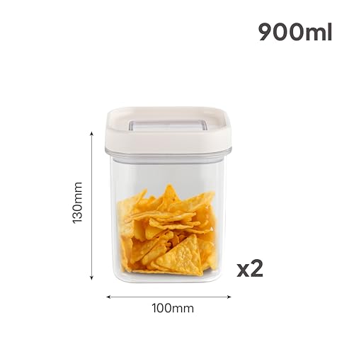 Image of CELLO Airlock Square Pet Storage Jar for Kitchen Set of 2 Pcs, 900 ml White | Freezer & Fridge Safe Stackable Airtight Kitchen Storage Container Jar Set for Bread Cereal Coffee Fruits Pasta Spices