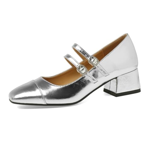 100junzidao Las Mujeres de Mary Jane Zapatos de la Vendimia de la Boca Poco Profunda Temperamento Rhinestone Plana de tacón Alto Commuter cómodo Vestido de Novia Zapatos de Dama de Honor Plata 38