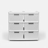 KYY'Z 6-Drawer Plastic Storage Unit – 3 Tier Jumbo Chest with Rattan Effect, Multi-Purpose Organizer for Closet Bedroom, Bathroom, Nursery, Garage, Home Office (Rattan White, 3 Tier With 6 Drawers)
