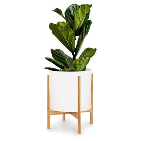 Fox & Fern 11.8 Inch Matte White Fiberstone Planter with Saucer with Mid Century Bamboo Plant Stand Cover