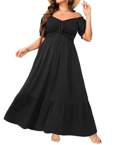 Image of Plus Size Sun Dresses Women - Summer Off the Shoulder Puff Sleeve A Line Boho Maxi Flow Long Dress 2025