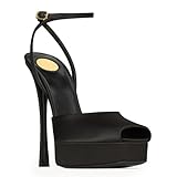 CAGLGLZ Stiletto High Heel Platform Sandals for Women Peep Square Open Toe Heeled Pumps Ankle Strap Backless Sandals Fashion Casual Dressy Party Shoes(Platform Black,7.5)