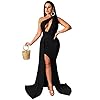 LAGSHIAN Women Sexy Elegant One Shoulder High Split Cutout Long Evening Dress Black