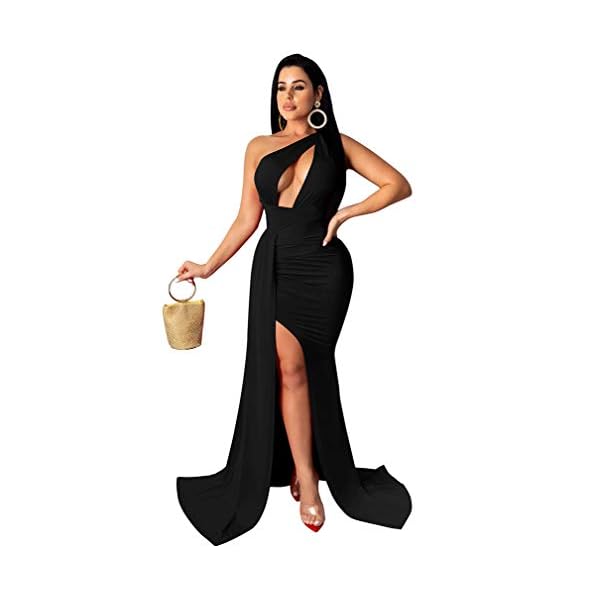 LAGSHIAN Women Sexy Elegant One Shoulder High Split Cutout Long Evening Dress Black