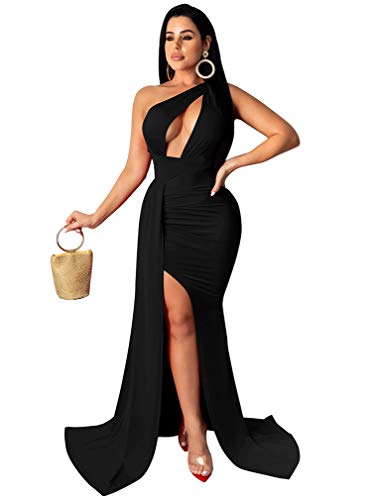 LAGSHIAN Women Sexy Elegant One Shoulder High Split Cutout Long Evening Dress3