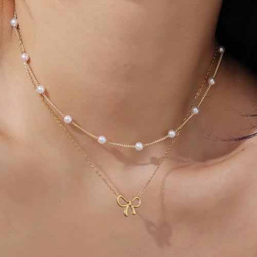 Qitian 18K Gold Plated Satellite Pearl & Bow Pendant Necklace for Women, Adjustable Layered Choker Chain Jewelry, Mini Gold Pearl Necklace Gift2