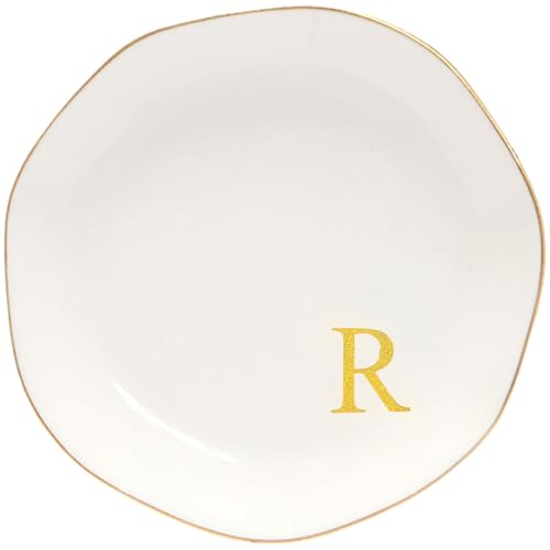 Image of Ceramic Jewelry Tray Initial Ring Dish Personalized R-Monogrammed Engagement Wedding Gifts, for Birthday Mother's Day Christmas for Women, Ceramic White 4.75 inch (R)