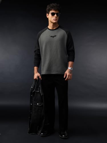 Image of The Souled Store Batman: Darkness Men and Boys Long Sleeves Round Neck Charcoal Grey Colour-Block Superhero Emblem Casual Lightweight Streetwear Trendy Full Sleeve T-Shirts