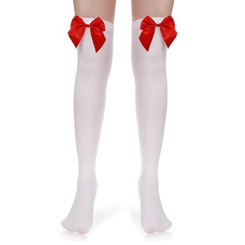 1 Pair Thigh High Socks,White Over Knee Red Bow Stockings Women Long Christmas Black Highs Sock Halloween Womens Sexy Socks Accessories Stocking Cozy Valentine's Adult Lace Silk Opaque,for Gifts