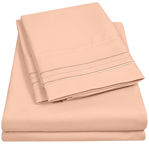 King Size Sheet Set with Built-in Sheet Straps - Deep Pocket Fitted Sheet, Flat Sheet & Pillowcases - Soft, Wrinkle-Free, Secure Fit - Peach