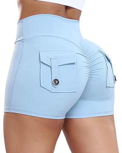 FITTOO Scrunch Butt Lifting Shorts for Women with Pocket V Criss Cross Waist High Waisted Booty Lift Crossover Yoga Workout Gym Shorts (Sky Blue, Small)