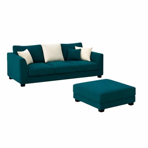 Image of SOCOZI Trevano 3+2 Seater Fabric Sofa Set with Ottoman | Soft Velvet Suede Upholstery | Modern Living Room Furniture (Greenish Teal-Aqua Blue)