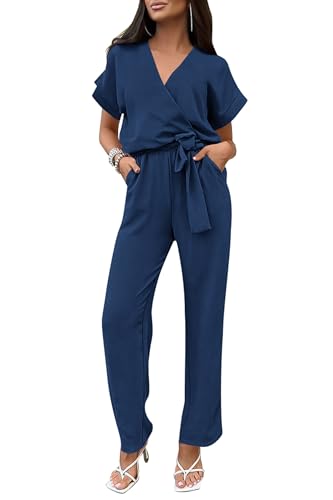 PRETTYGARDEN Women's Summer One Piece Jumpsuits Belted Short Sleeve Wrap V Neck Fashion Dressy Casual Wide Leg Pants Romper