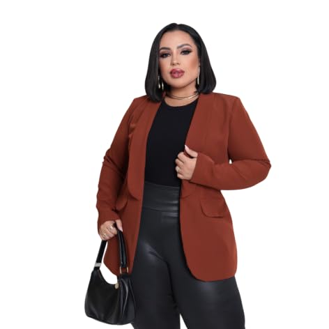 Blazer Feminino Terninho Alfaiataria Plus size G1 G2 G3 Tendencia 2026 (BR, Alfa, XGG, Plus Size, Regular, Plus Size, MARROM)