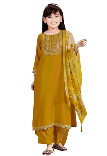 Image of Girls Ethnic Outfit | Embroidered Silk Girls Salwar Suit | Kurta Pant and Jacquard Dupatta Set