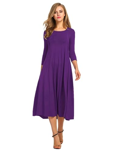 HOTOUCH Women's Elegant Dress Round Neck 3/4 Sleeve Midi Dress Womens Casual A Line Dresses (Purple M)
