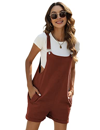 Yeokou Womens Cotton Linen Overalls Casual Summer Rompers Jumpsuit Bib Shortalls(Red-L)