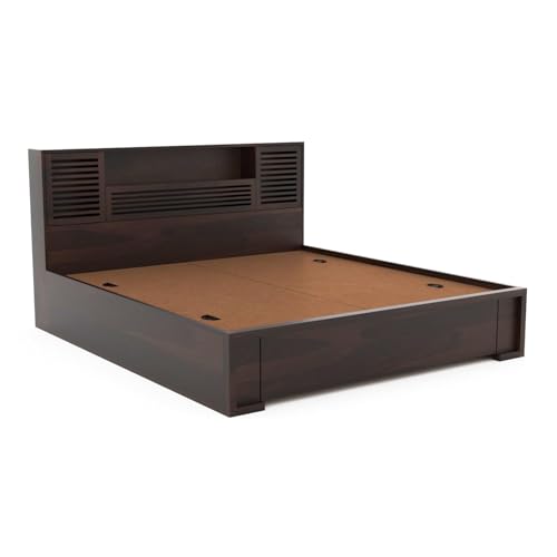 Image of Solid Wood Bed with Storage | Modern Wooden Bed with Slatted Headboard | Strong & Durable Bed Frame for Bedroom Home & Hotel (Walnut Finish, Queen)