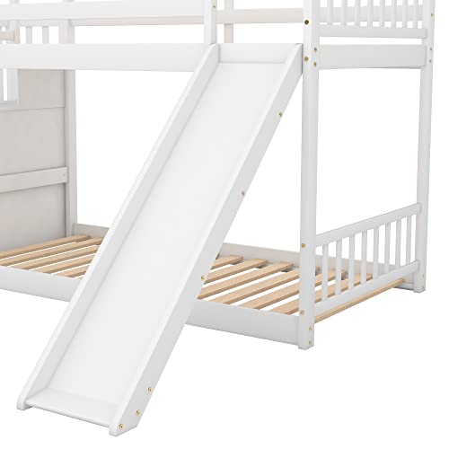 Bellemave Twin Over Twin Bunk Bed with Convertible Slide， Low Bunk Bed Frame with Stairway Wood Bunk Bed with Slide for Kids Boys Girls, White