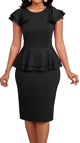 Image of Dresses for Women Elegant Long Sleeves Ruffles Pencil Knee Length Split Business Dress with Belt Zipper