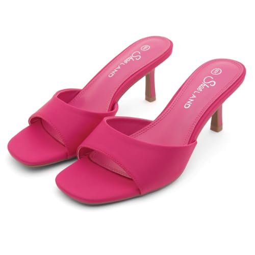 Image of Shoe Land Women's Low Heels Stiletto Heeled Slides, Open Toe One Band Slip-On Heeled Mules - Dressy Heeled Sandals for Prom, Party Wedding and Vacation