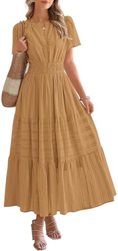 BTFBM Womens Summer 2025 Casual Midi Maxi Dresses Lightweight Short Sleeve V Neck Elastic Waist Boho Beach Dress Pockets