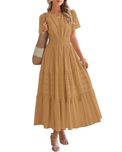 BTFBM Womens Summer 2026 Casual Midi Maxi Dresses Lightweight Short Sleeve V Neck Elastic Waist Boho Beach Dress Pockets(Khaki, XX-Large)