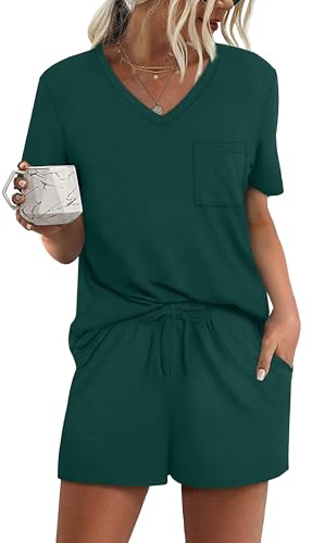 Image of RUBZOOF Women's Short Sleeve Pajama Sets with Pockets Casual V Neck 2 Piece Lounge Sets S-3XL