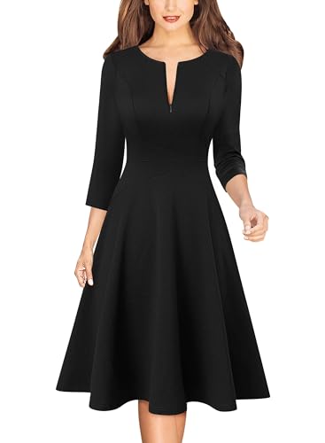 Image of VFSHOW Womens Work Business Front Zipper A-Line Dresses 3 /4 Sleeve Office Church Fit and Flare Skater Swing Knee Length Dress