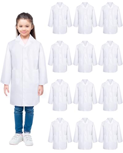 Seajan 12 Pcs Unisex Kids Lab Coat Bulk Soft Kids Scrubs White Doctor Coat Scientist Halloween Costume for Boys and Girls (L Size)