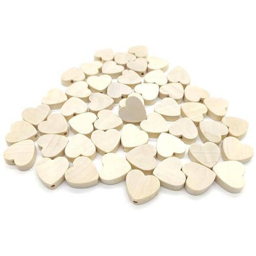 Hayaww Pack of 50 Heart-Shaped Natural Wood Beads - Loose Beads with Holes Heart Spacer Accessories for DIY Crafts Jewellery Making