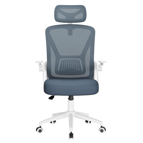 naspaluro Silla de Oficina, Silla de Oficina Ergonómica con Brazos Abatibles 90°, Soporte Lumbar de Diseño Exclusivo, Reposacabezas Ajustable, Tapicería de Malla Transpirable Escritorio, Gris Oscuro