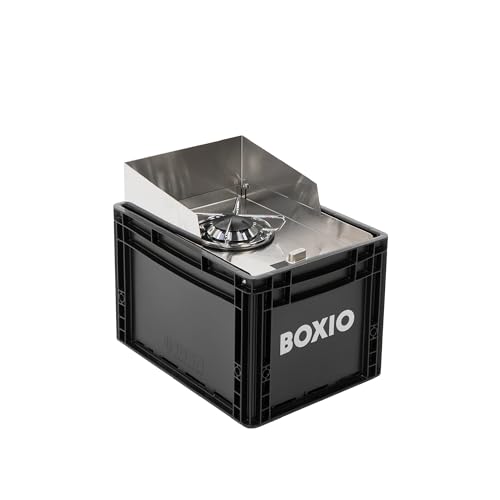 BOXIO - COOK : Réchaud de camping tout-en-un en inox avec pare-vent et rangement. Fonctionne au gaz. Idéal pour le camping, la vanlife, les activités en...