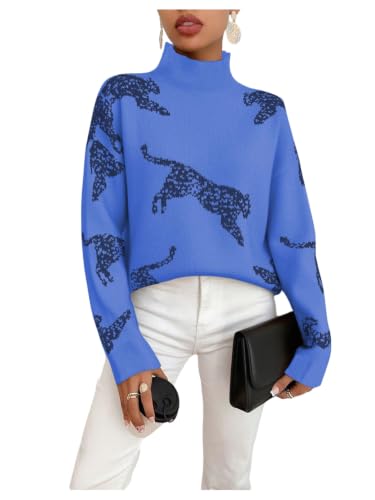 Image of WDIRARA Women's Leopard Tiger Print Sweater High Neck Long Sleeve Fuzzy Knitted Pullover Top
