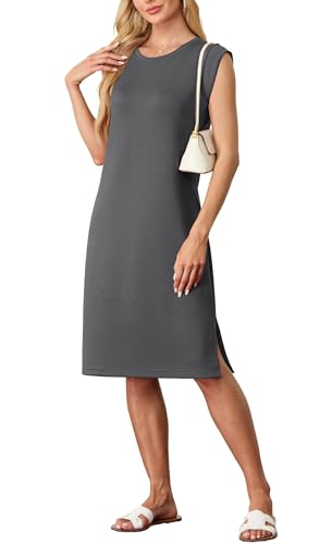 GRECERELLE Vestido Midi de Verano para Mujer 2025 Vestido Casual de Cuello Redondo con Camiseta Elegante Sin Mangas y Libre de Arrugas para Mujer del Reino Unido con Abertura y Bolsillos, gris oscuro
