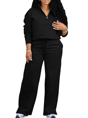 MOEENCN Women 2 Piece Outfits Sweatsuit Oversized Half Zip Sweatshirt Wide Leg Sweatpant Casual Lounge Matching Set Tracksuit