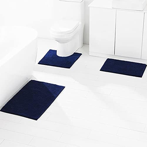3 Pieces Bathroom Rug Set, Shaggy Ultra Soft Non Slip Bathroom Mat Set, Includes U-Shaped Contour Toilet Mat Plush Bath Mats for Bathroom, Tub, Shower (Machine Washable) Navy