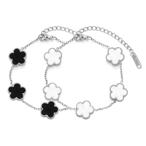 XFSRG 2 Stück Armband Damen Blumen 18K Glücksarmband Elegantes Verstellbares Modeschmuck Geschenk für Sie Frauen Freundin Mama(Silber)