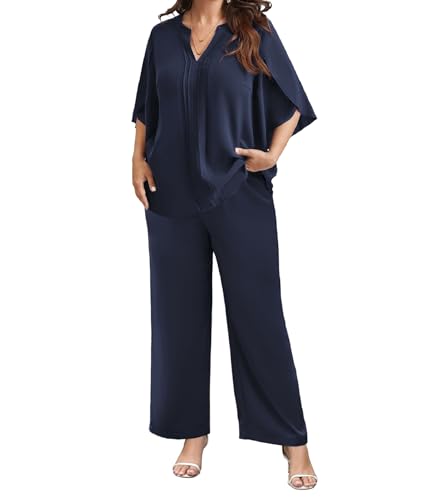 Theenkoln Damen Großgrößen Chiffon Set 2-teilig Elegantes Outfit für Hochzeiten & Cocktailparty Mit V-Ausschnitt Top in Fledermausarm & Hoher Taille Hose Marineblau 52