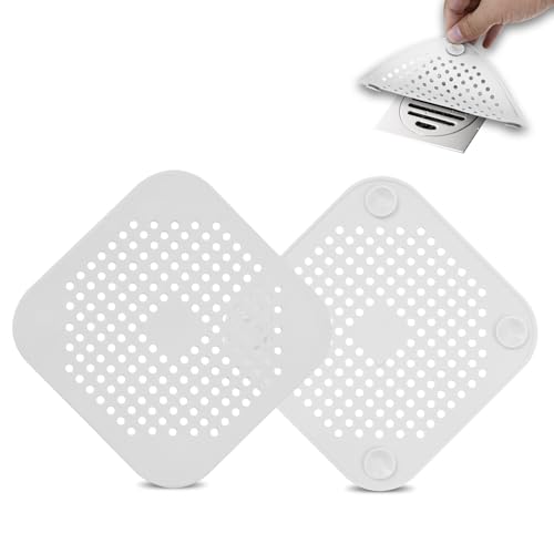 2 Pack Drain Hair Catcher Silicone Bathroom Accessories Square Drain Cover for Shower,Easy to Install Suit for Bathroom,Bathtub,Kitchen, White