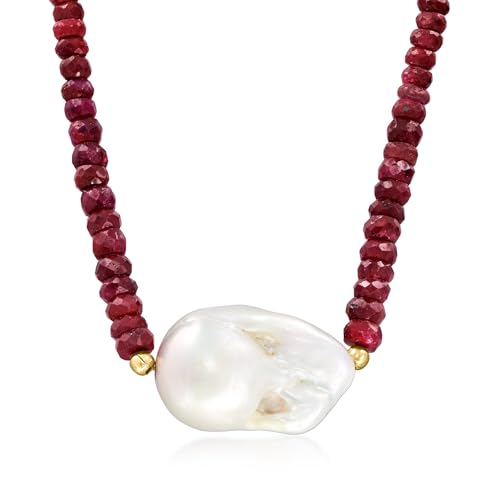 Ross-Simons 24x13mm Cultured Baroque Pearl and 70.00 ct. t.w. Ruby Bead Necklace With 18kt Gold Over Sterling. 18 inches