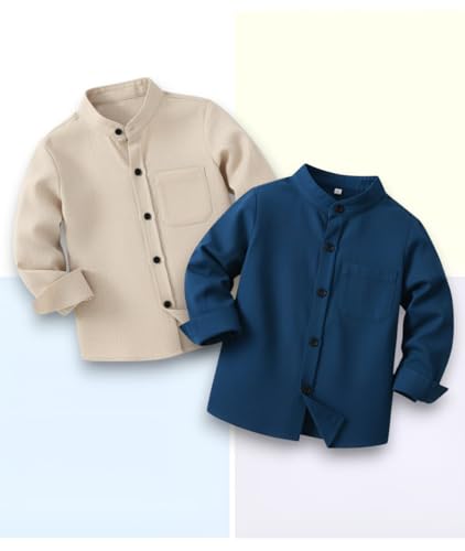 Image of Boys Mandarin Collar Shirt with Chest Pocket Beige and Rama Blue Color, Long Sleeve Button-Down Casual Shirt Pack of 2