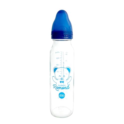 dBb Remond Biberon Regular Air 240 ml de vidrio - Chupete NN - Recién nacido - Anticólico de silicona - Flujo regular - 1ª edad, 0 a 4 meses - Fabricación francesa - Azul océano