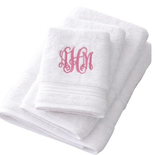 Personalized Monogrammed Bath Towel Set 100% Cotton Custom Embroidered Initials Hotel Style White Navy Grey Beige