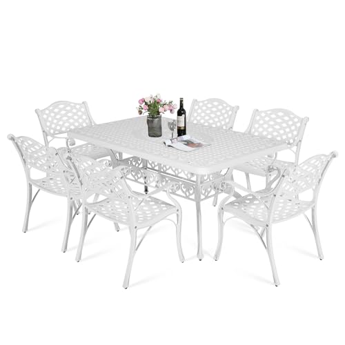 Image of MEETWARM 7 piece Outdoor Patio Dining Set for 6 Seater Dining Table Set, All-Weather Cast Aluminum Patio Conversation Set for Garden with 6 Chairs, 1 Rectangular Table, 2 inch Umbrella Hole, White