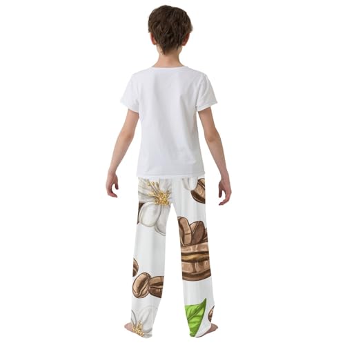 Coffee Bean and Floral Boys Long Pants Soft Trousers Elastic Waist Kids Lounge Bottoms with Pockets S-XL3